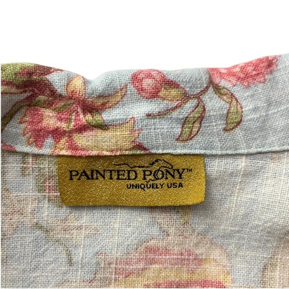 Vintage Painted Pony Linen Jacket Floral Blue Artsy Boho Button Front Top L Y2K - Picture 3 of 9